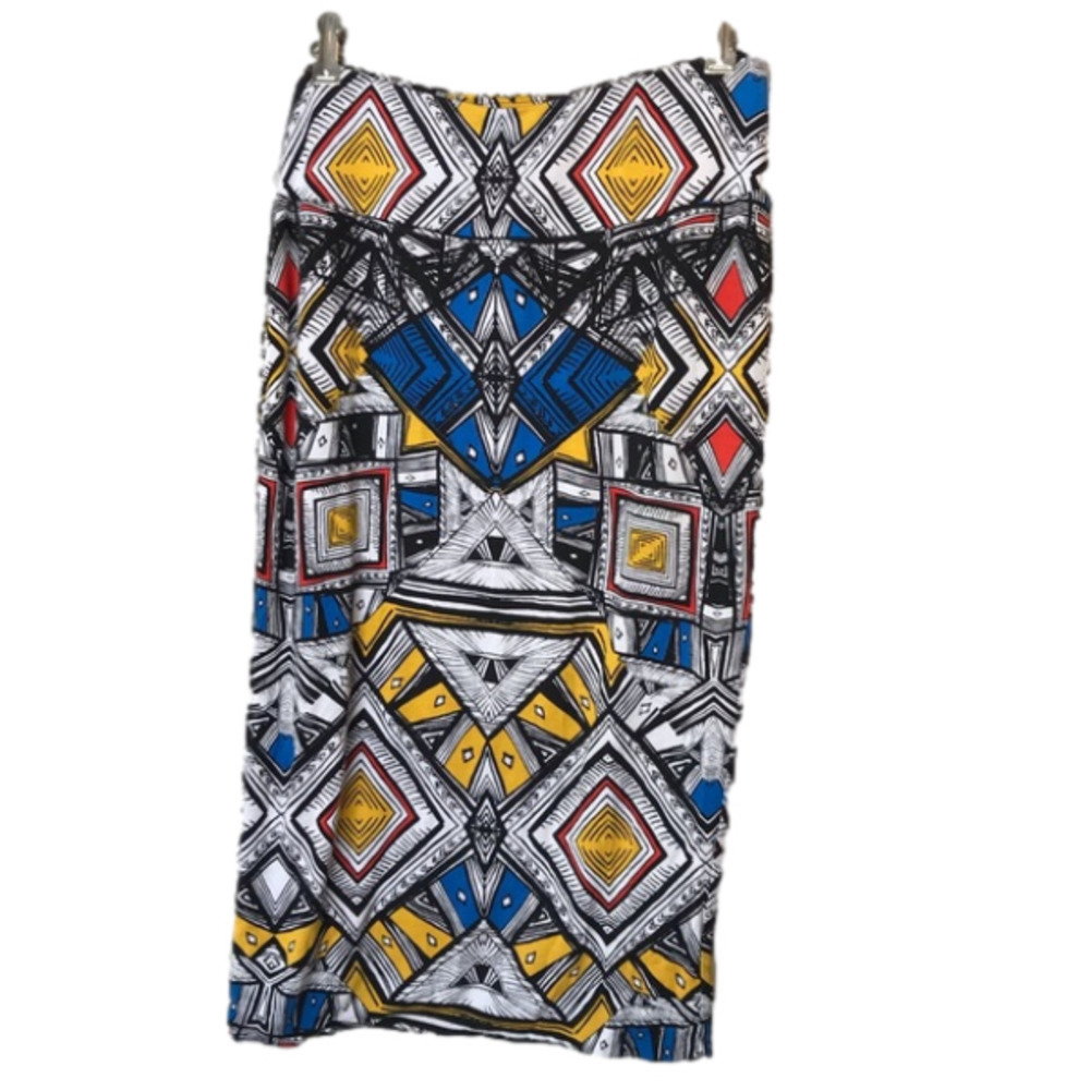 Chelsea & Theodore fitted skirt.  Primary colours and geometric shapes. Size m